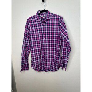 Mens‎ Express Pink Navy Plaid Shirt M 15-15.5 100% Cotton Long Sleeve Fitted
